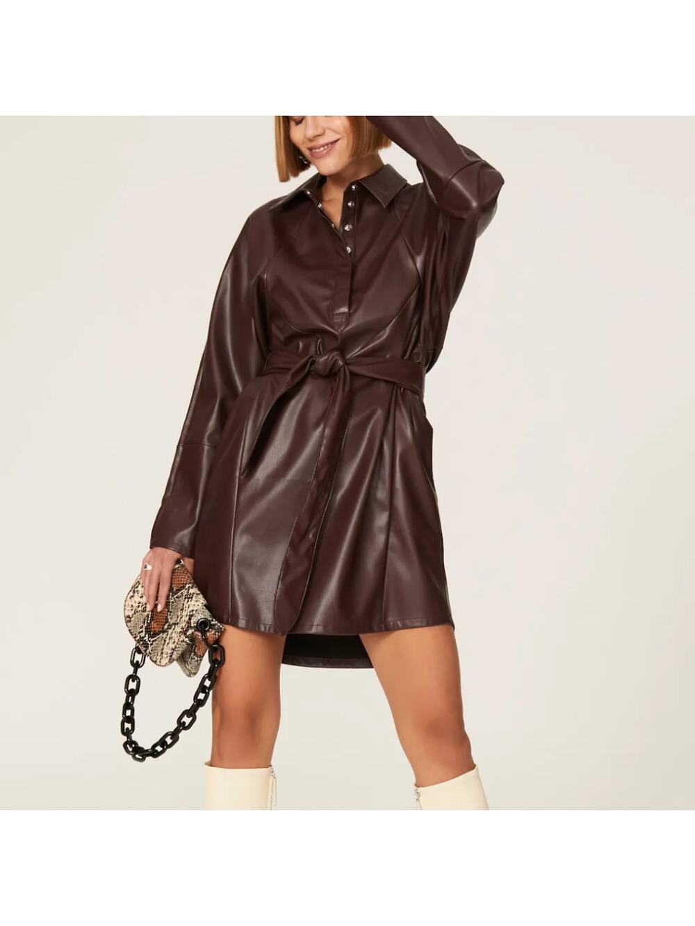 Marissa Webb Collective Brown Faux Leather Mini Shift Dress SIZE 6 Designer $330
